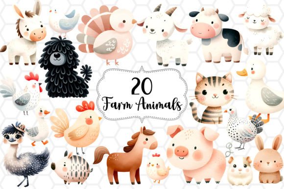 20 Farm Animal Cliparts: Watercolor PNG Collection