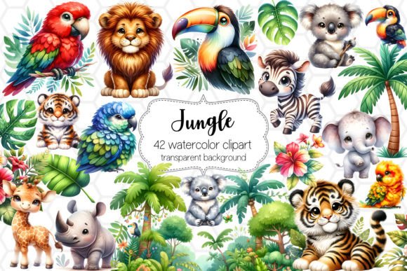 42 Jungle Animal Cliparts: Watercolor Design Assets
