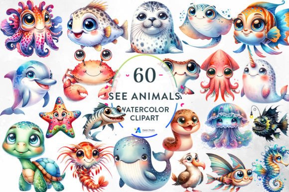 60+ Pastel Sea Animal Watercolor Clipart: Soft Ocean Art
