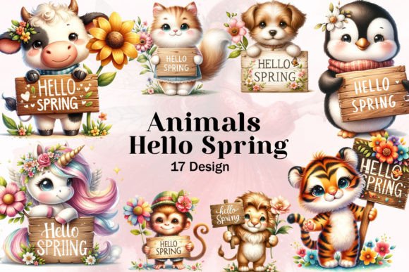 Animal Hello Spring Sublimation Clipart for Spring Designs