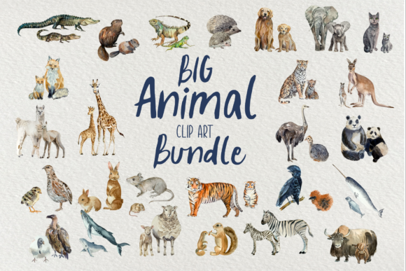 Big Animal Clip Art Bundle: Watercolor Charm for Your Projects