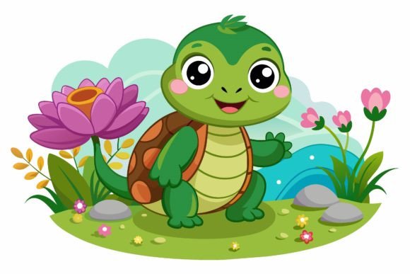 Charming Turtle Animal Cartoon with Flowers for Creative Projects