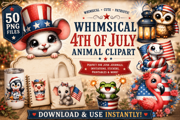 Creative Applications for 50 Whimsical 4th of July Animal Clipart