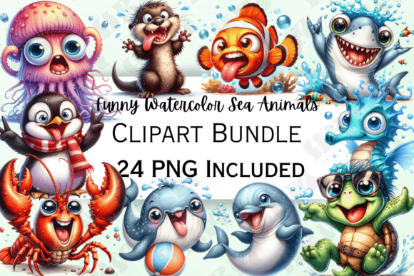 Cute Funny Watercolor Sea Animal Clipart for Playful Designs
