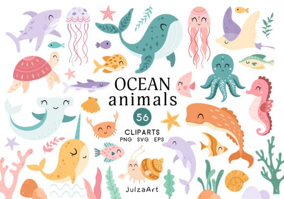 Cute Ocean Animal Clipart, Sea SVG PNG Set
