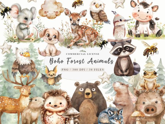 Enchanting Boho Woodland Animal Clipart: 38 PNGs for Your Projects