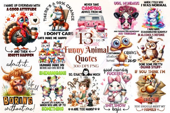 Funny Animal Quotes Sublimation Bundle: 13 PNGs for Creative Products