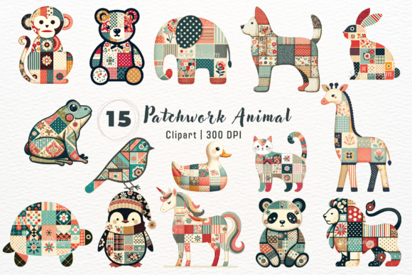 Kawaii Patchwork Animal Clipart: A Modern Design Essential