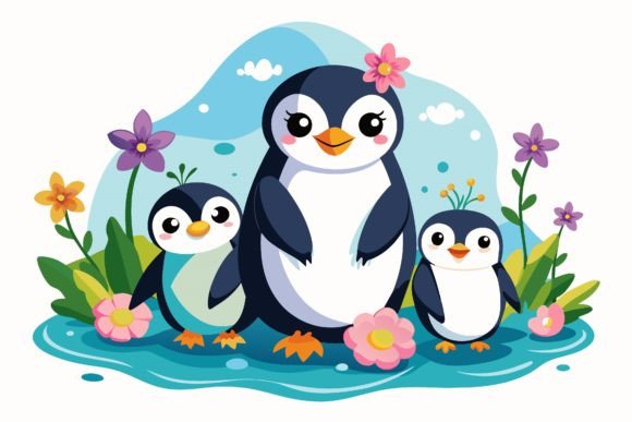 Penguins Animal Cartoon with Flowers on: A Whimsical Design Asset